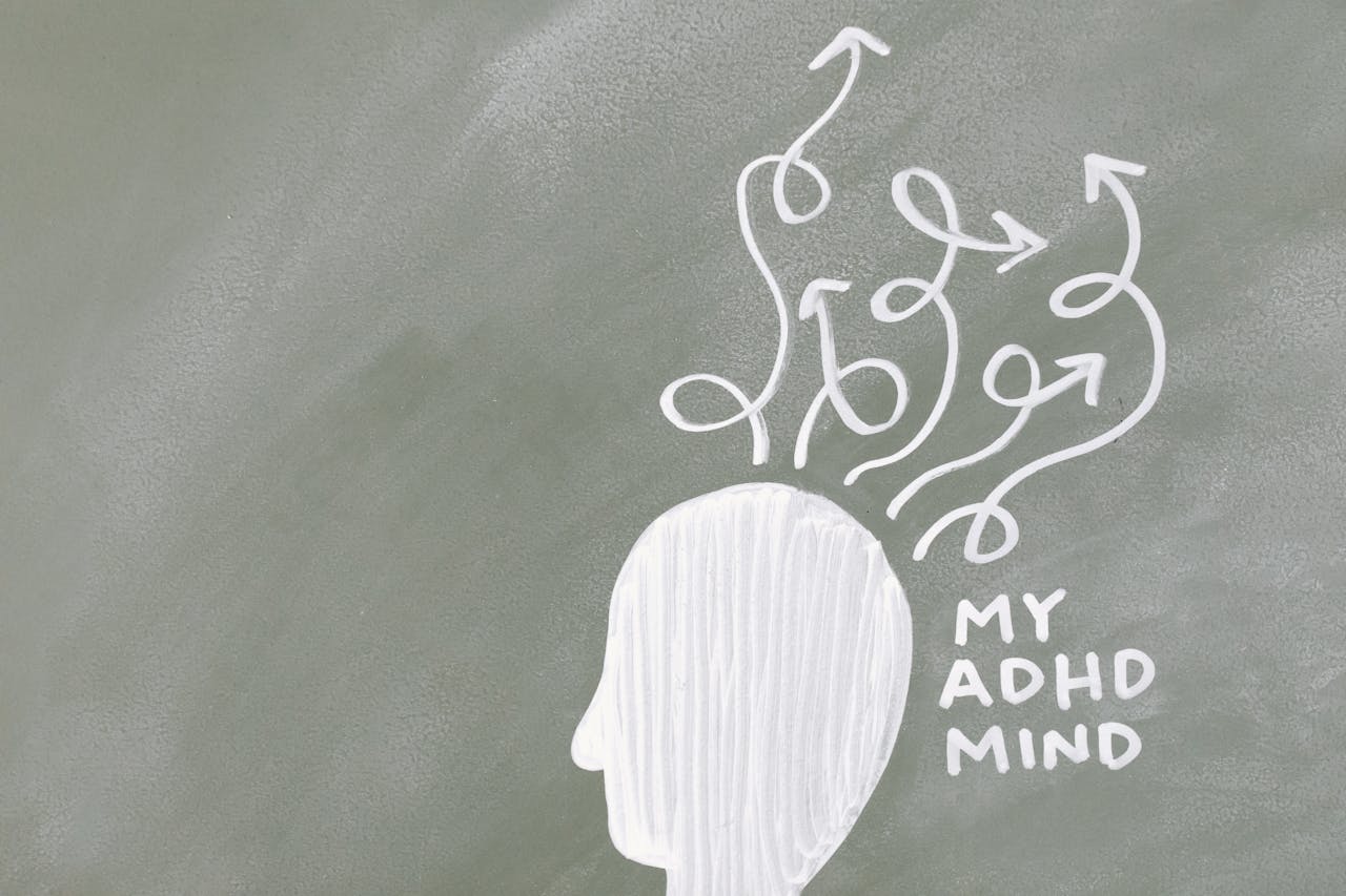 Creative depiction of the ADHD mind with chalk arrows on a green board.