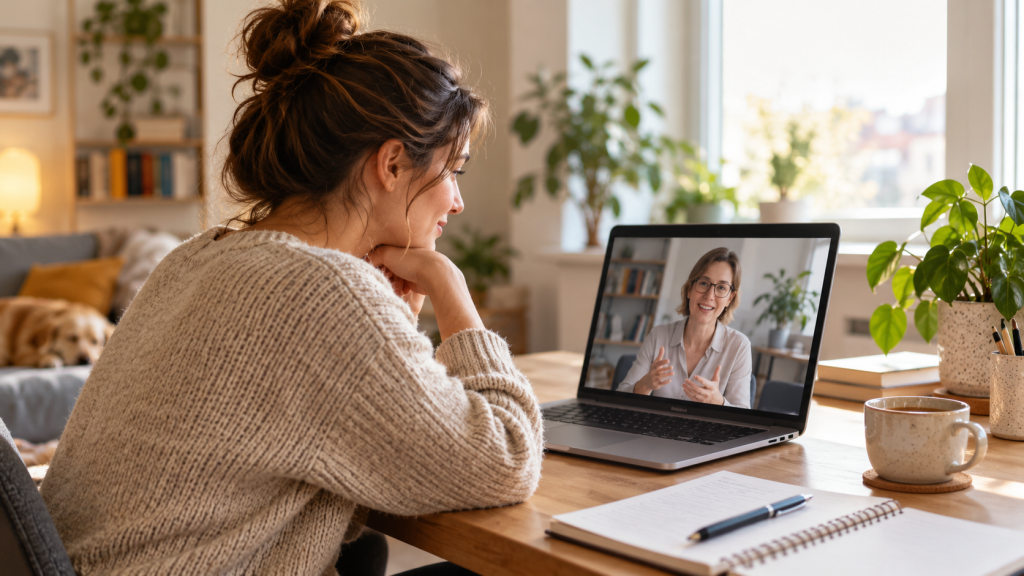 Pierwsza konsultacja ADHD online. Jak się przygotować? Osoba podczas konsultacji online przy laptopie